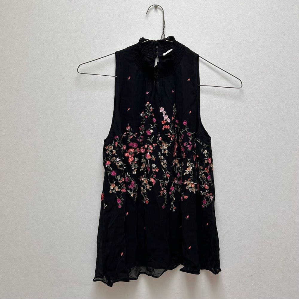Anthropologie floreat Floral Embroidered Black Sleeveless Top